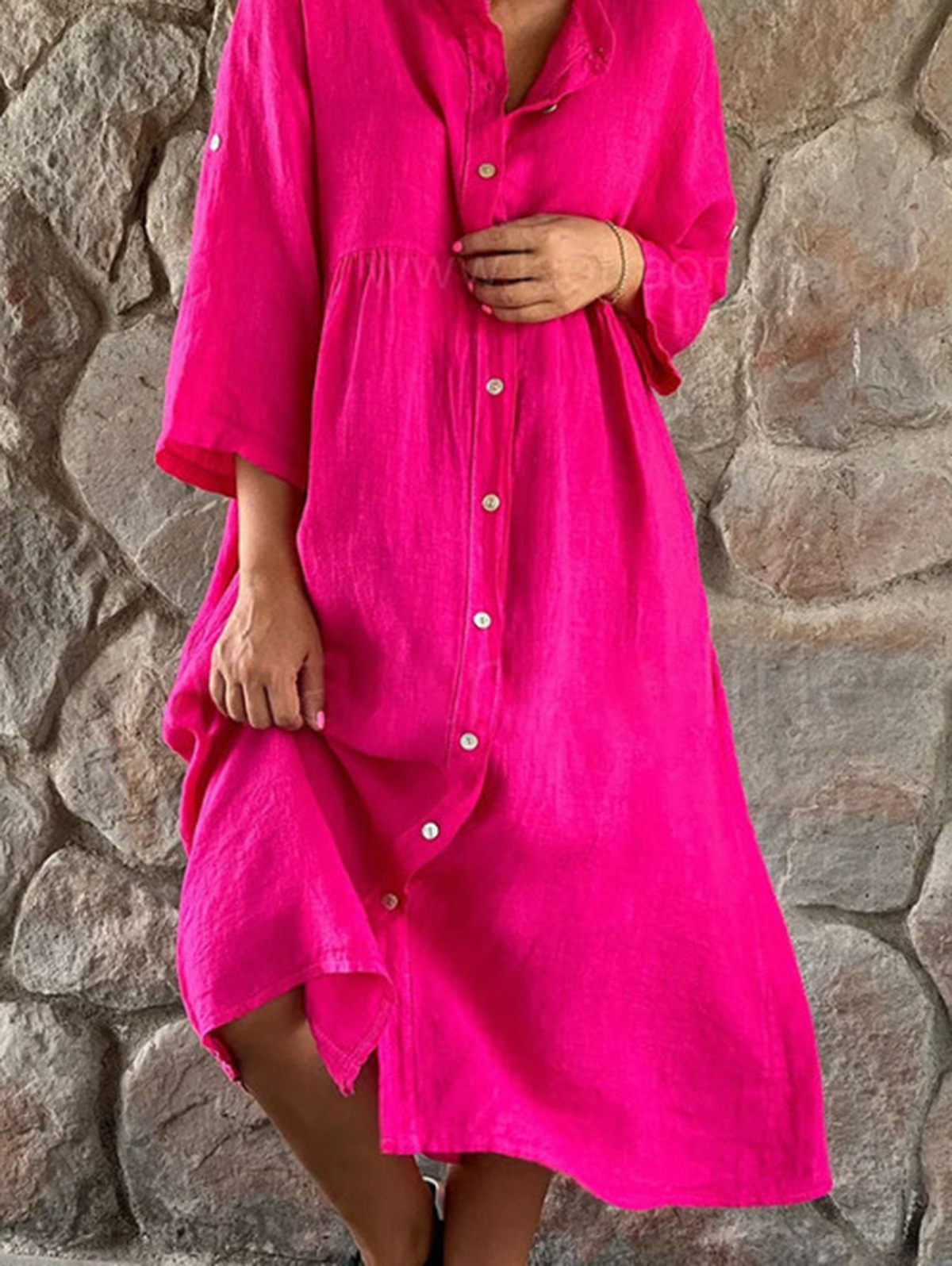 Casual Plain Stand Collar 3/4 Sleeve Single Breasted Midi Dress