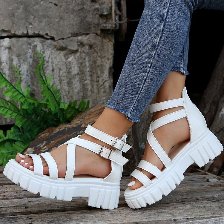 2024 novos sapatos femininos plataforma versátil oco sandálias de tira média