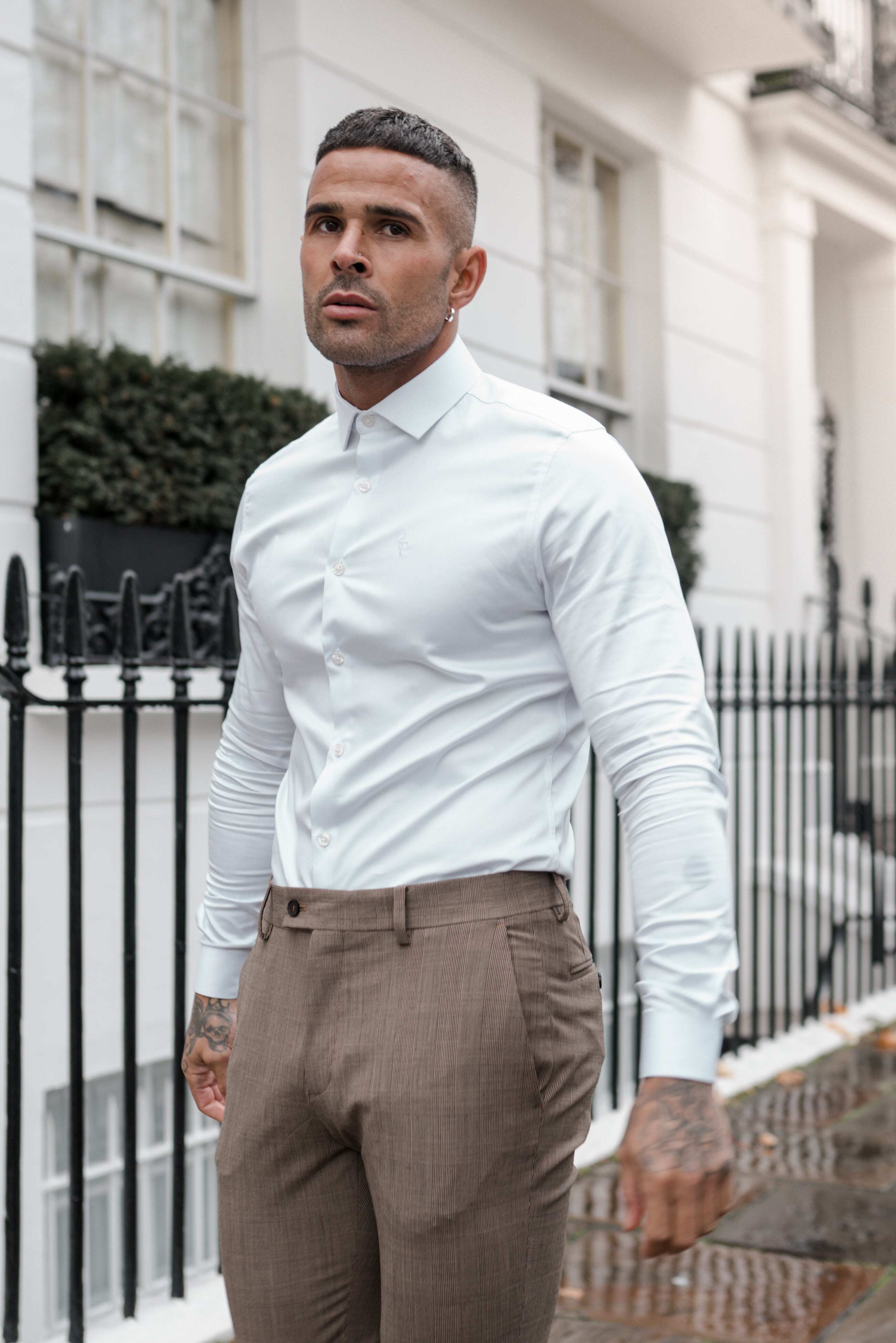 Father Sons Slim Formal Beige & Black Check Stretch Trousers - FST002 (LAST CHANCE)