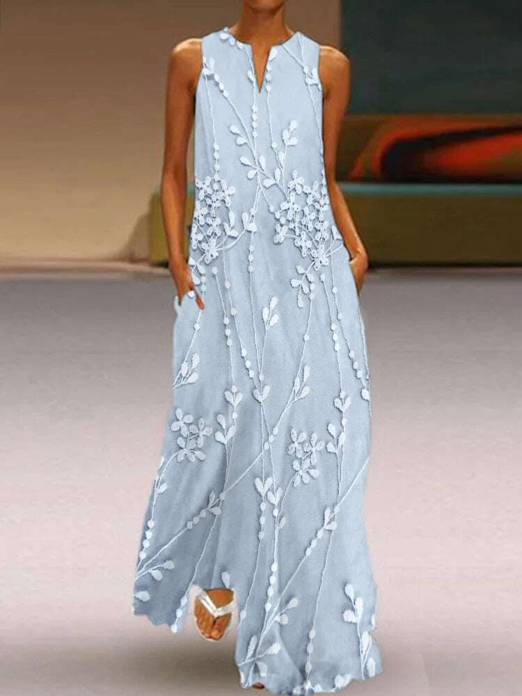 Vestido comprido elegante e fluído com renda bordada com flores