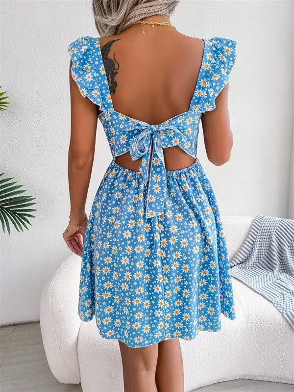 Vestido de primavera e verão com decote quadrado e babados nos ombros