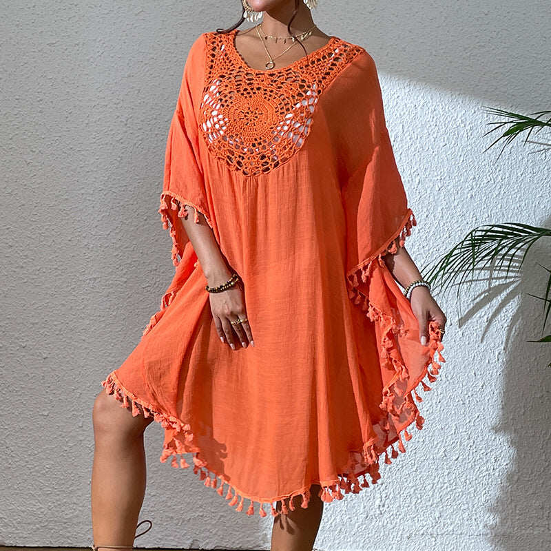 Vestido Resort Sunset com Franjas e Gola Redonda