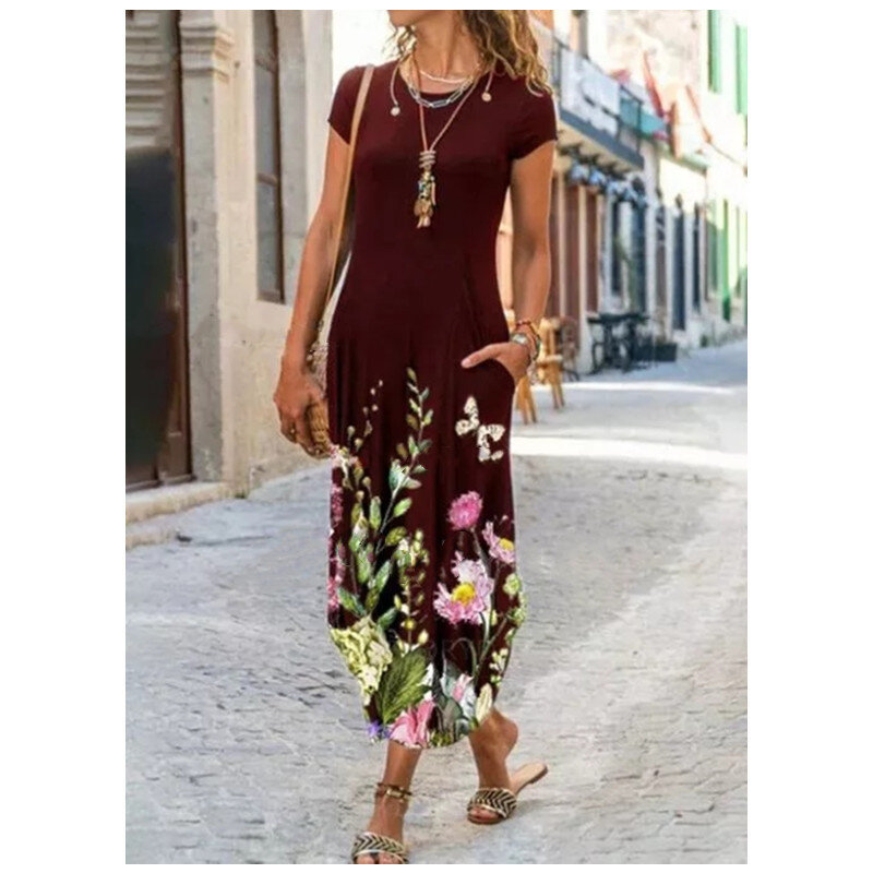 Primavera e verão novo estilo em torno do pescoço bolso manga curta vestido estampado na moda