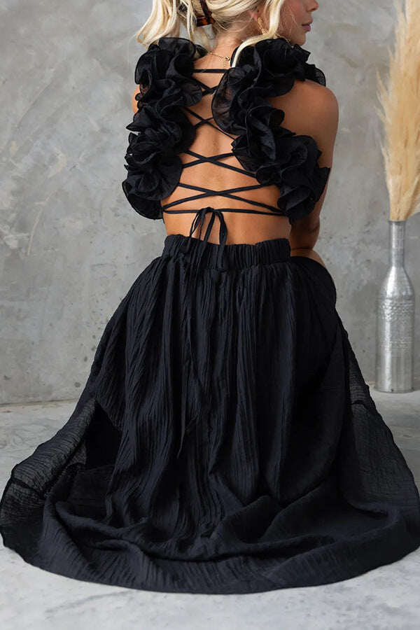 Vestido sexy sem costas em algodão e linho com alças ajustáveis