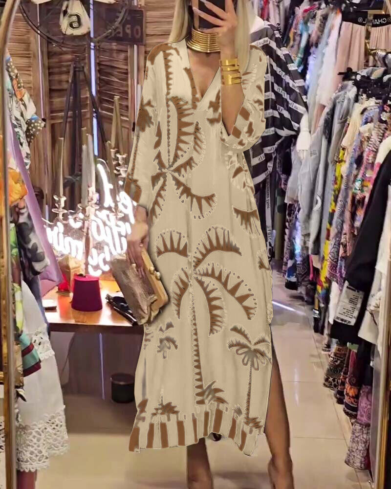 Vestido vintage com estampa botânica e decote em V profundo