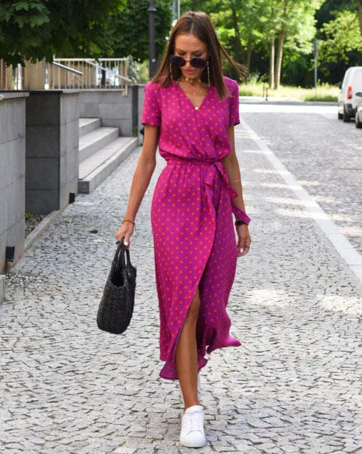 Vestido feminino decote V com fenda, comprimento midi, estampado