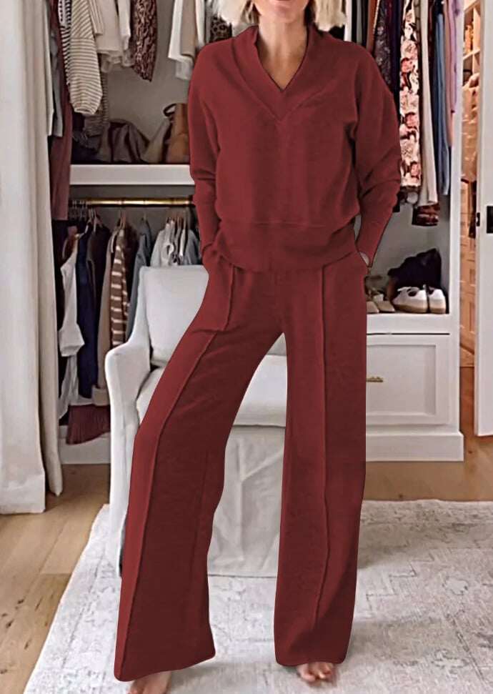 inostorTM-Conjunto de duas peças feminino com decote em V e blusa de cor sólida