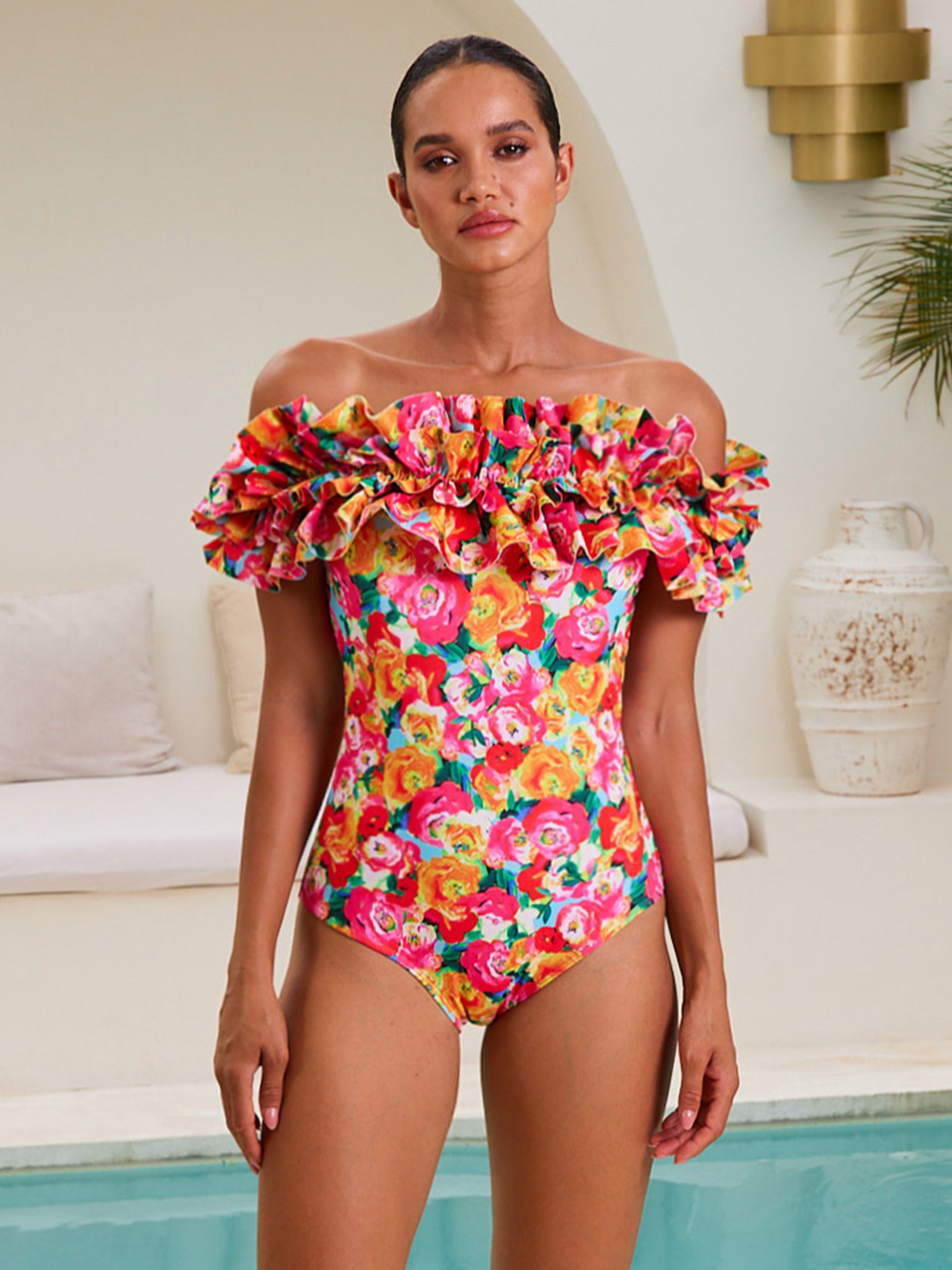 👑 Detachable Double Shoulder Strap With Ruffles One Piece Swimsuit and Sarong 💟
