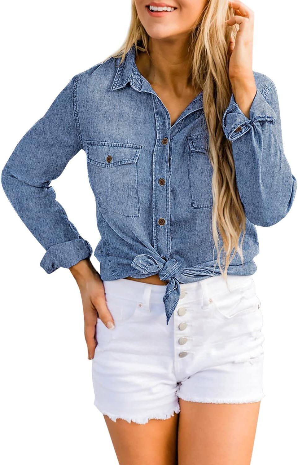 luvamia farmer ing Női Chambray Jean Western Shirts Hosszú ujjú gombos felsők
