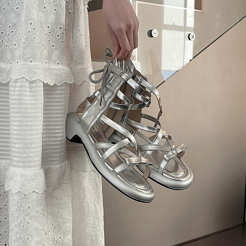 2024 novos sapatos romanos de verão com sola grossa e cano alto