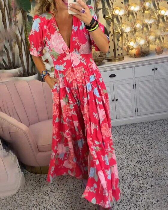 Vestido estampado floral com decote em V e bolso
