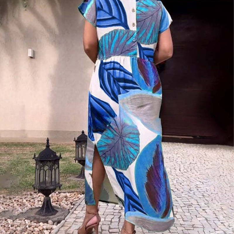 Leaf Print Round Neck Side Split Dress