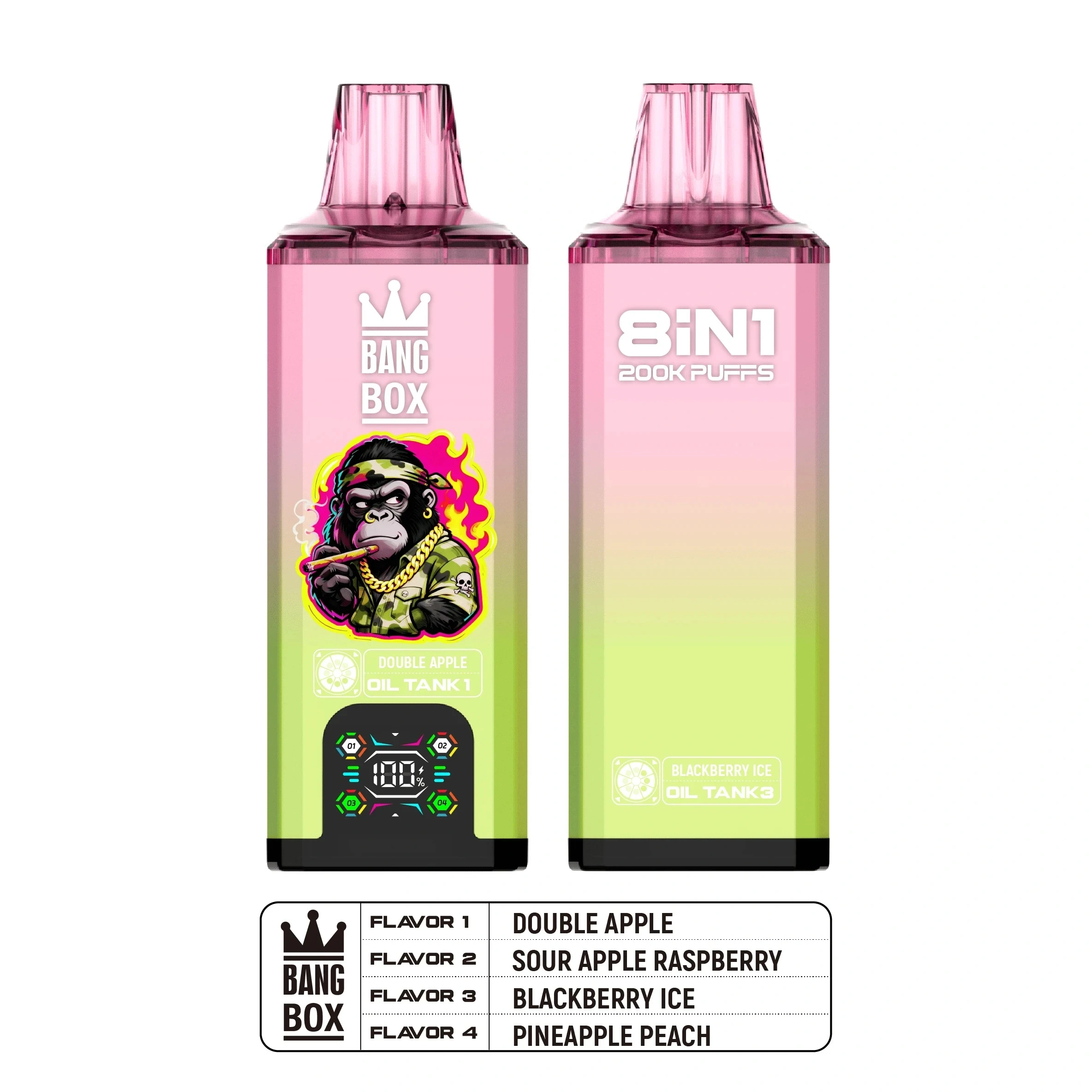 Bang Box 8 in 1 200000 Puffs Disposable Vape Pink-Zöld színben, mutatva az LED kijelzőt és a 4 ízesítésű tartályt