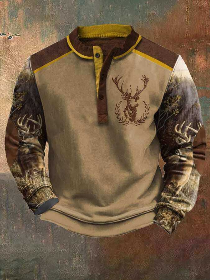 Moletom masculino casual vintage contrastante Elk Western