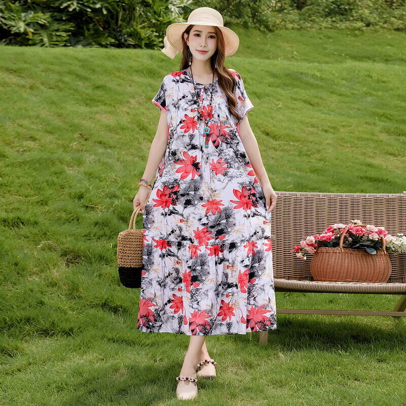 2024 novo vestido de seda de algodão plus size temperamento saia longa