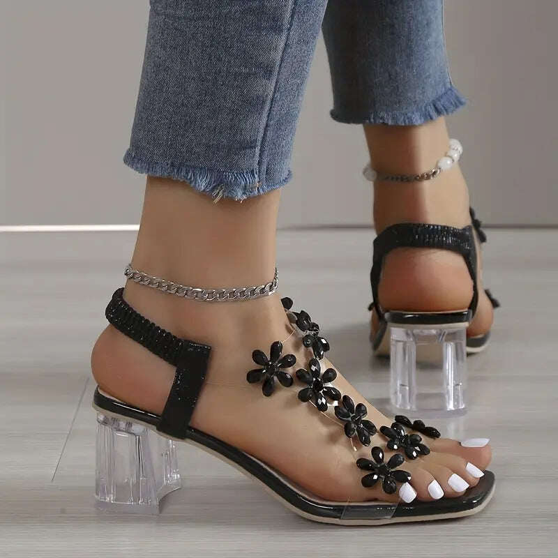 🔥Promoção de último dia com 50% de desconto - sandálias femininas de salto bloco com cristais de flores