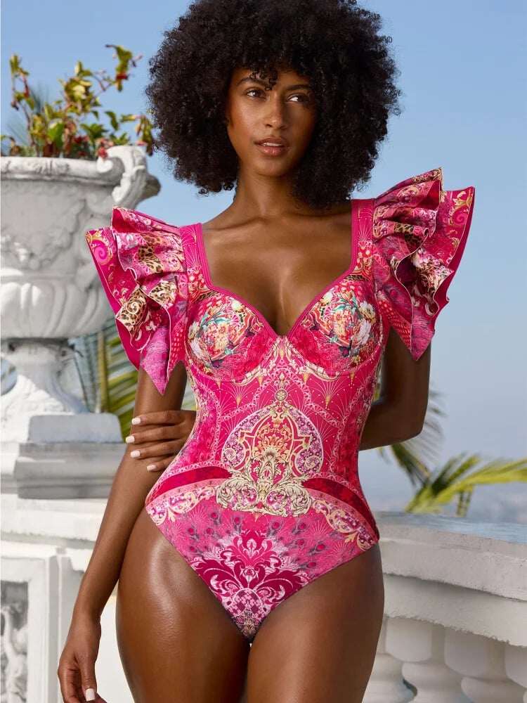 2025 New Ruffle Print One Piece Swimsuit Set