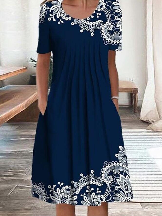Vestido midi feminino primavera e verão com gola redonda estampado floral e bolso