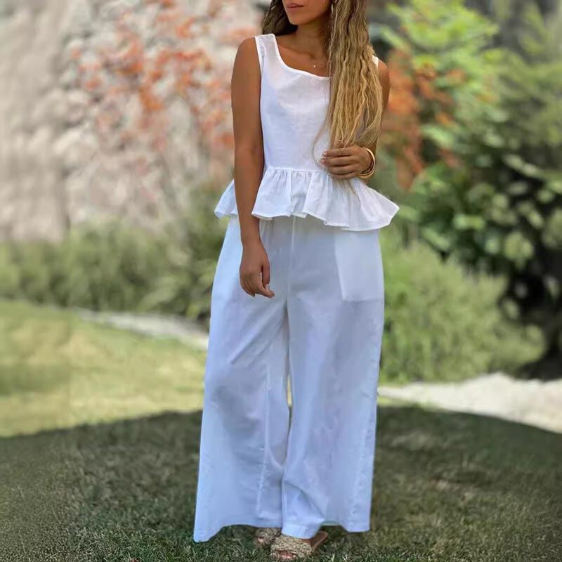 👗Conjunto feminino de duas peças sem mangas de algodão e linho de cor sólida