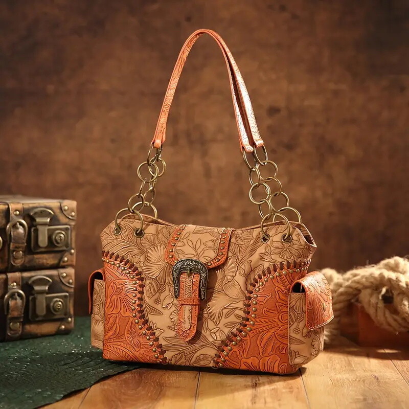 Vintage Flower Embossed Handbag, Punk Style Tote Bag, Y2K Chain Shoulder Bag For Women