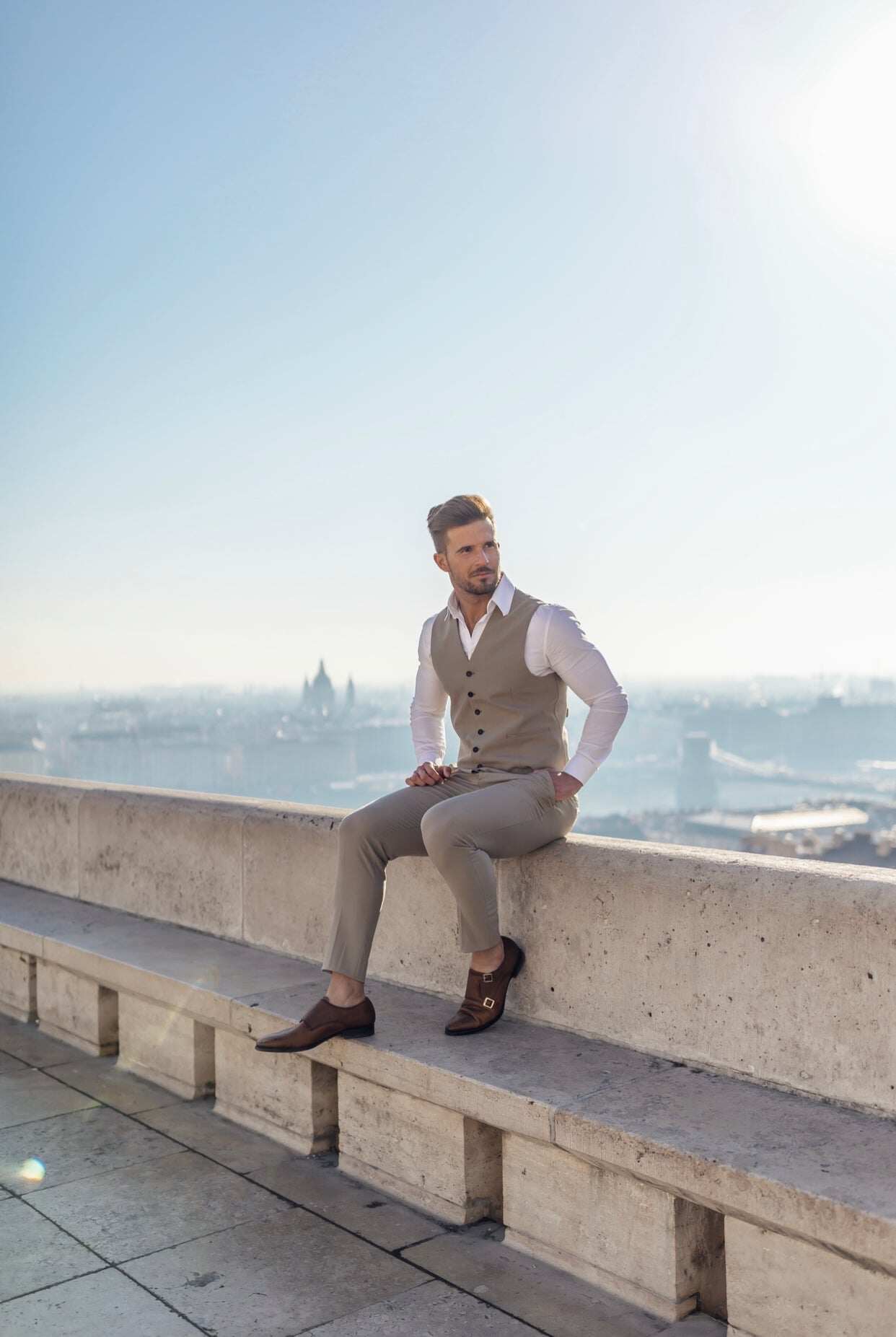 Father Sons Slim Formal Beige Stretch Trousers - FST003