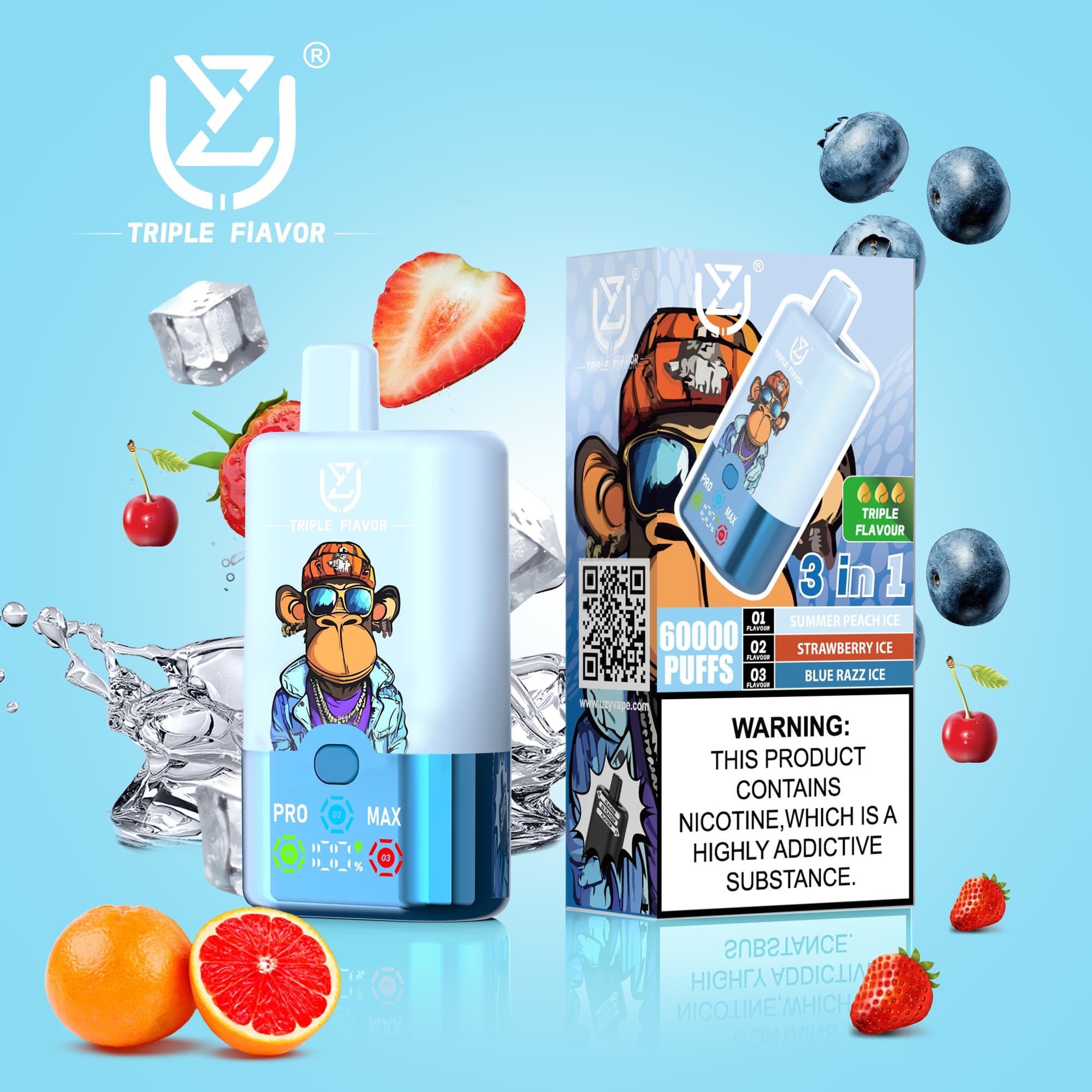 UZY Triple Flavor 60000 Puffs Vape 3 in 1 Disposable E Cigarette with Smart LED Display
