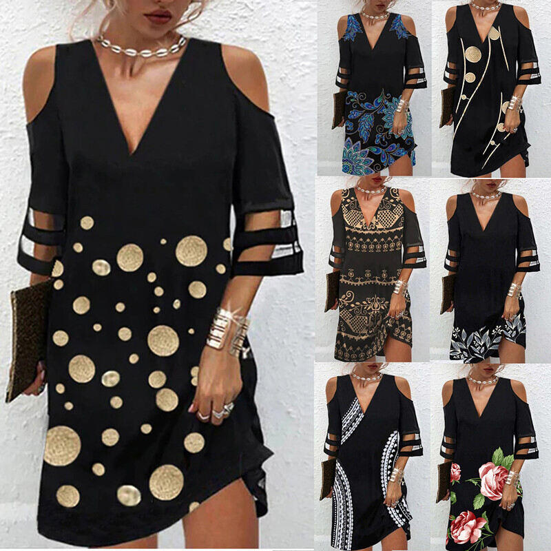 Vestido de verão novo estilo com decote em V floral malha emenda meia manga