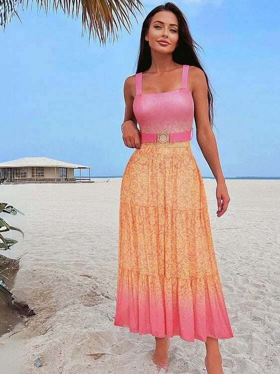 👙 Gradation Print Skirt Swimsuit Set