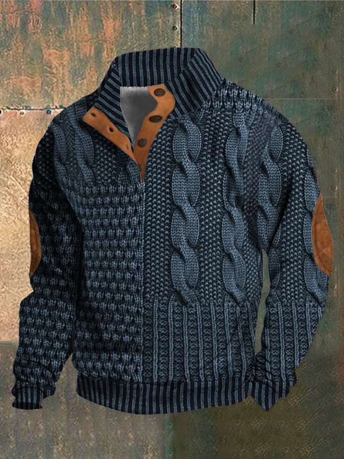Moletom casual masculino com estampa retrô e botão de gola alta