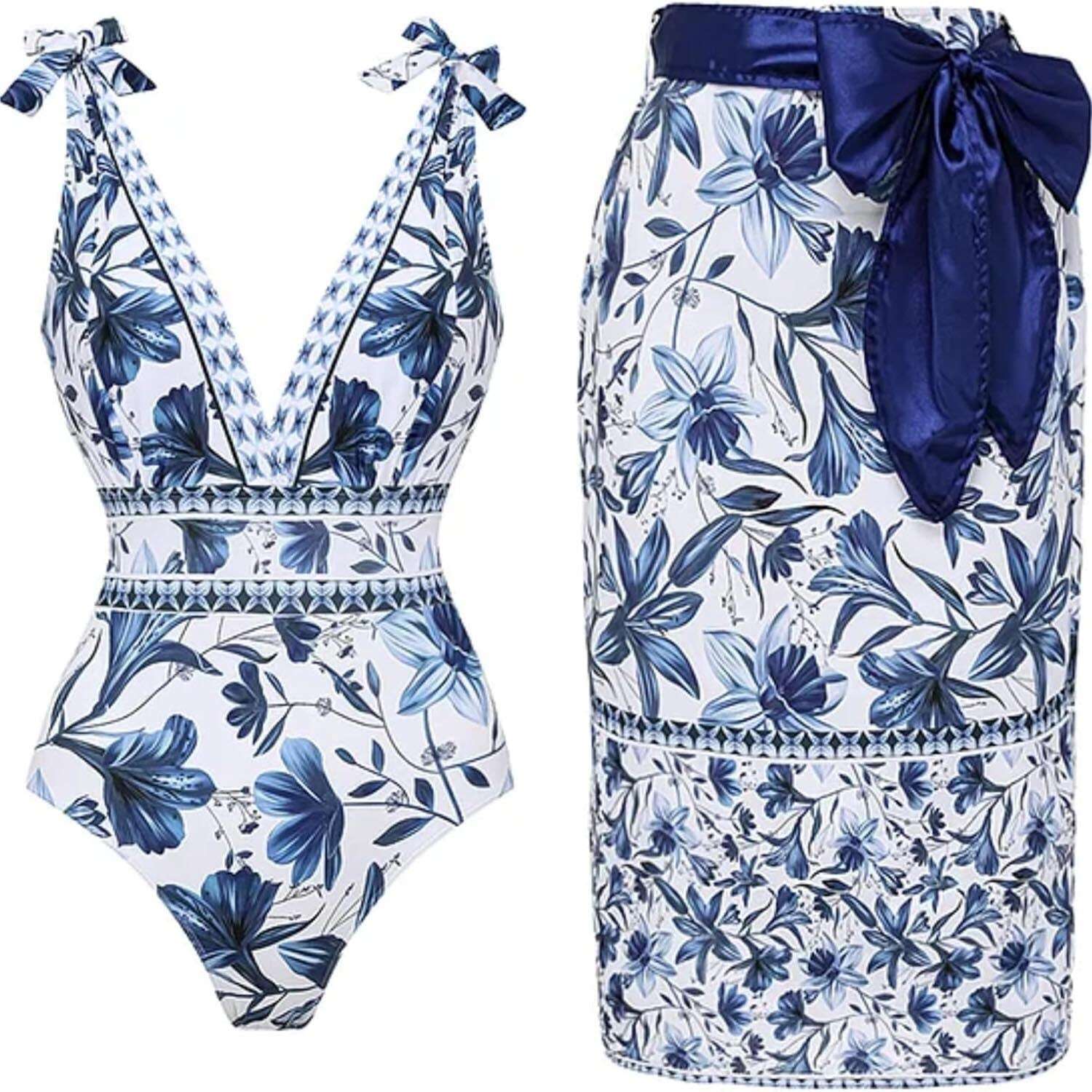 💥 Special offer: 50% off 💥 V-neck lace-up printed one-piece swimsuit with skirt
