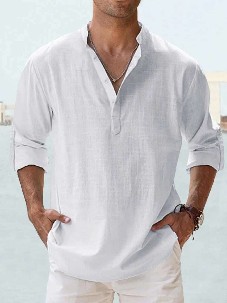 😎CAMISA DE LINHO DE ALGODÃO DE MANGA COMPRIDA MASCULINA ☁️