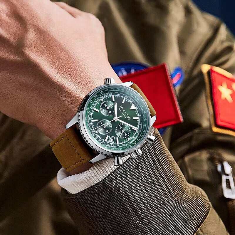 FEICE FK812 Мъжки часовници Многофункционални ръчно сглобени винтидж зелени часовници за мъже