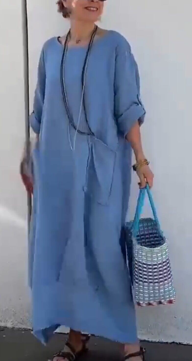 Macacão comprido casual de verão para mulher em algodão e linho, cor sólida, gola redonda, com bolsos