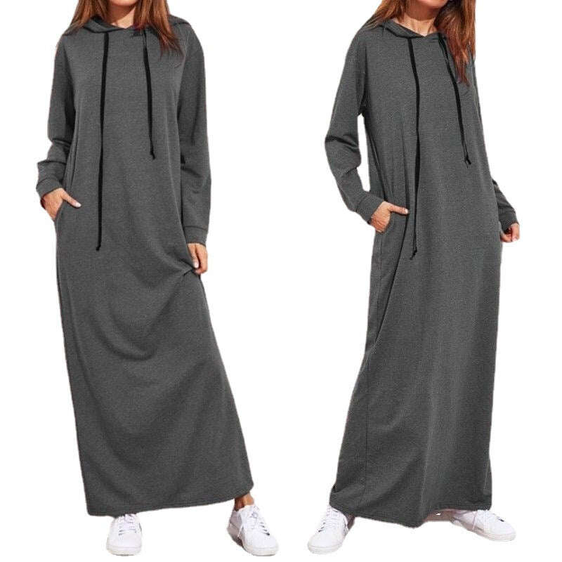 Vestido feminino de moletom de manga comprida com capuz