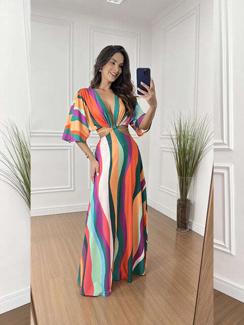 Vestido maxi estampado exclusivo com cordão e cintura e mangas de quimono