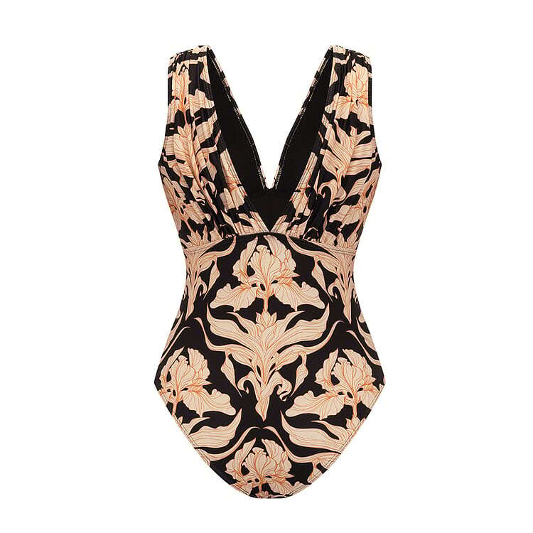 💖 V Neck Iris Print One Piece and Skirt Swimsuit Set