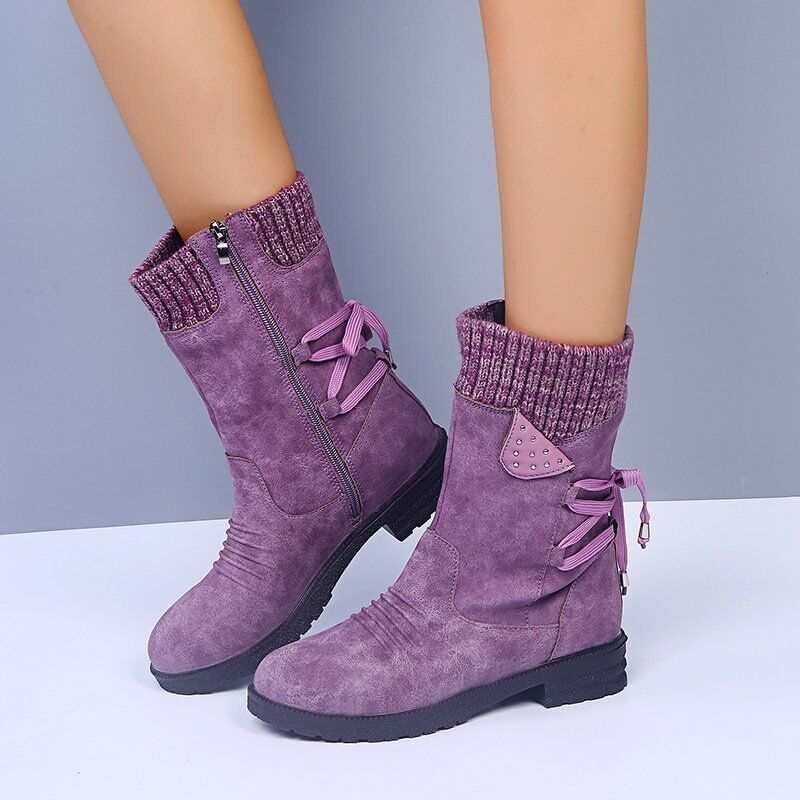🔥51% DE DESCONTO AGORA - Botas de neve femininas de cano médio com punho de suéter, botas quentes de inverno