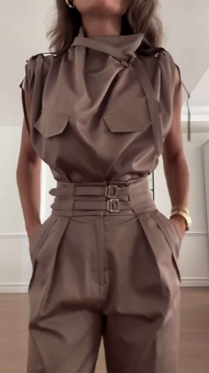 Conjunto feminino elegante de verão sem mangas de duas peças
