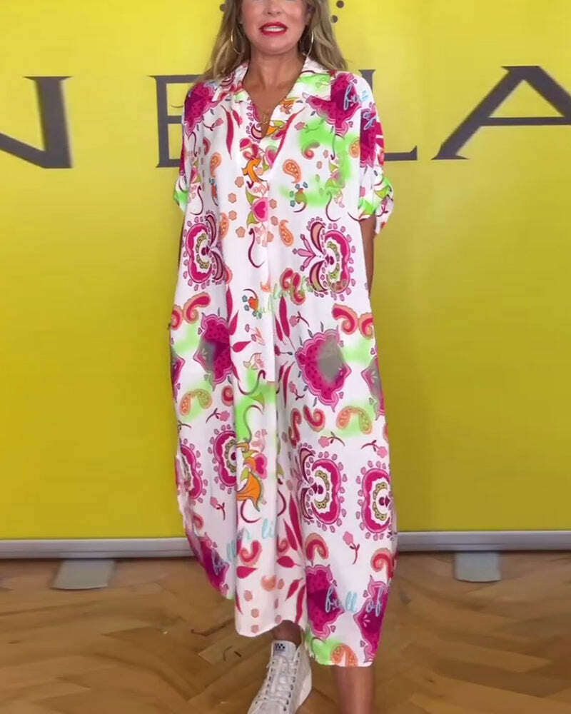 Vestido solto estampado com lapela casual