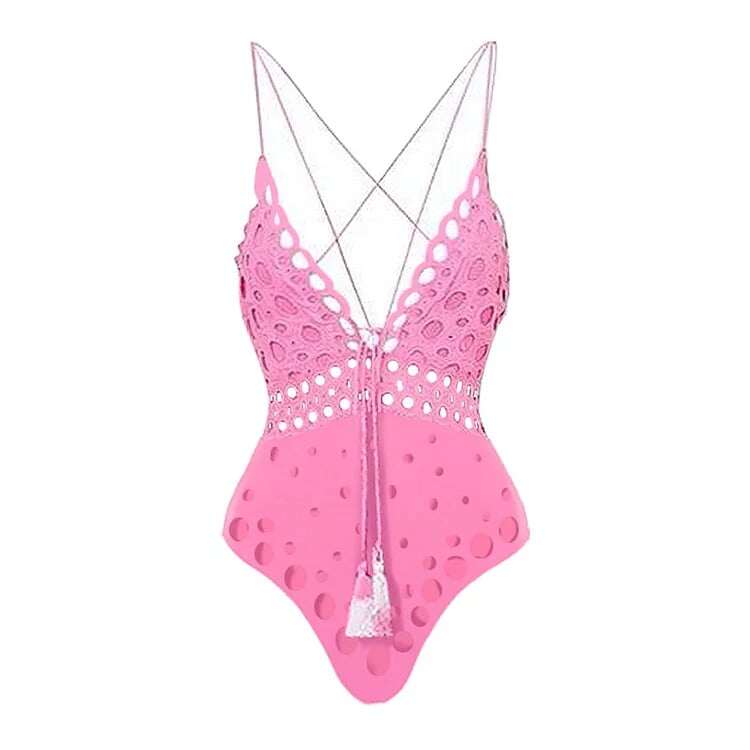 ✨Pink swimsuit set with laser-cut hemstitch and skirt