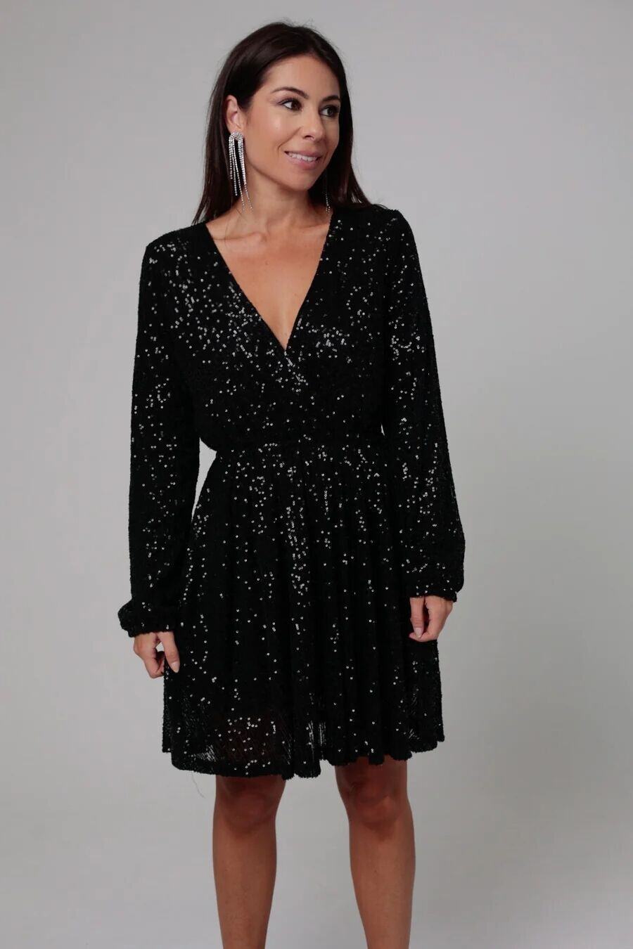 Vestido de lantejoulas com decote em V para festa e jantar