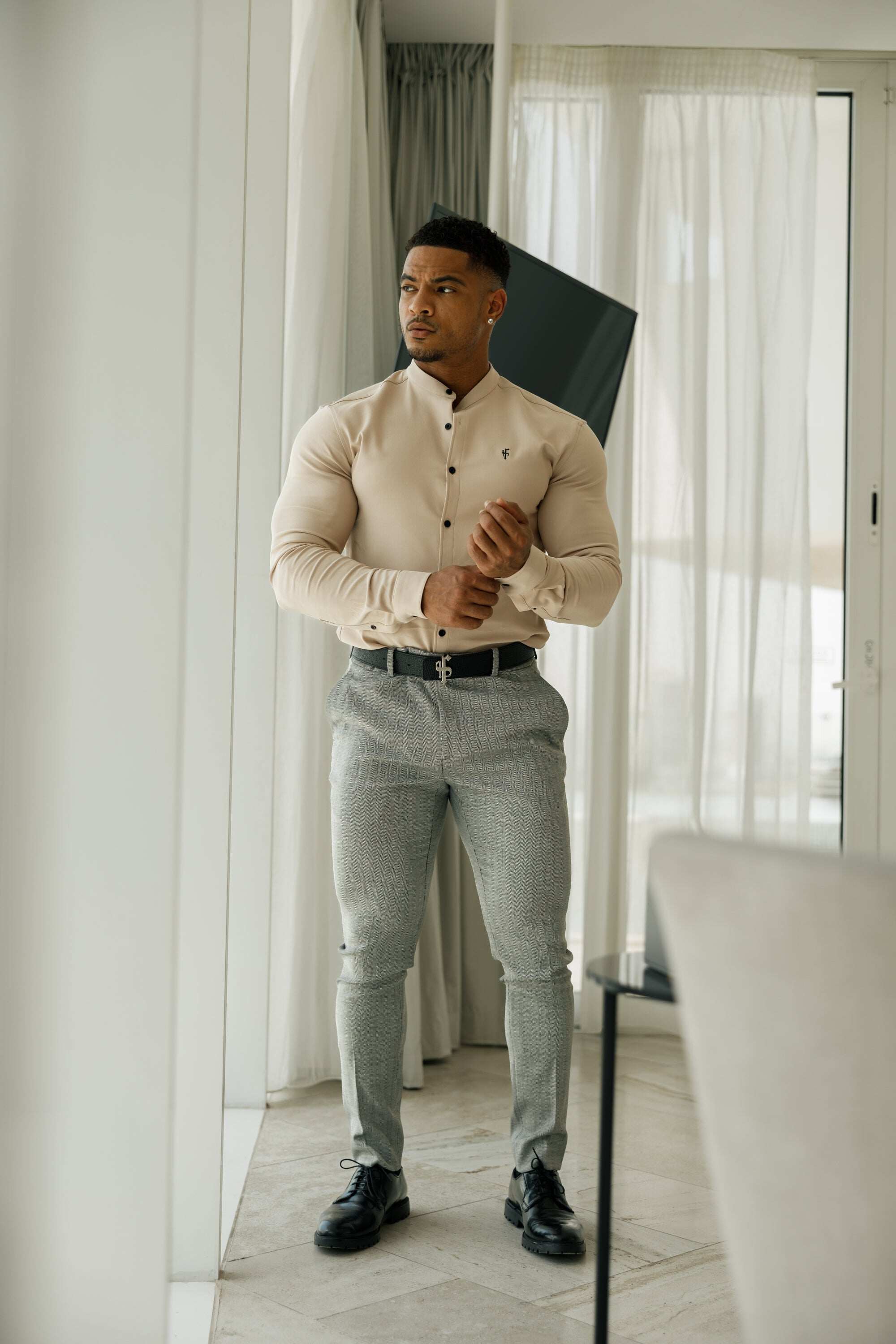 Father Sons Slim Formal Black and White Herringbone Stretch Trousers - FST014