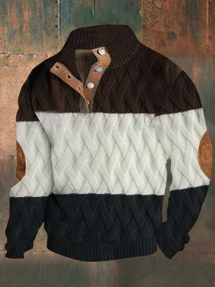 Męska bluza w stylu western w bloki kolorów, ze stojakiem na guziki