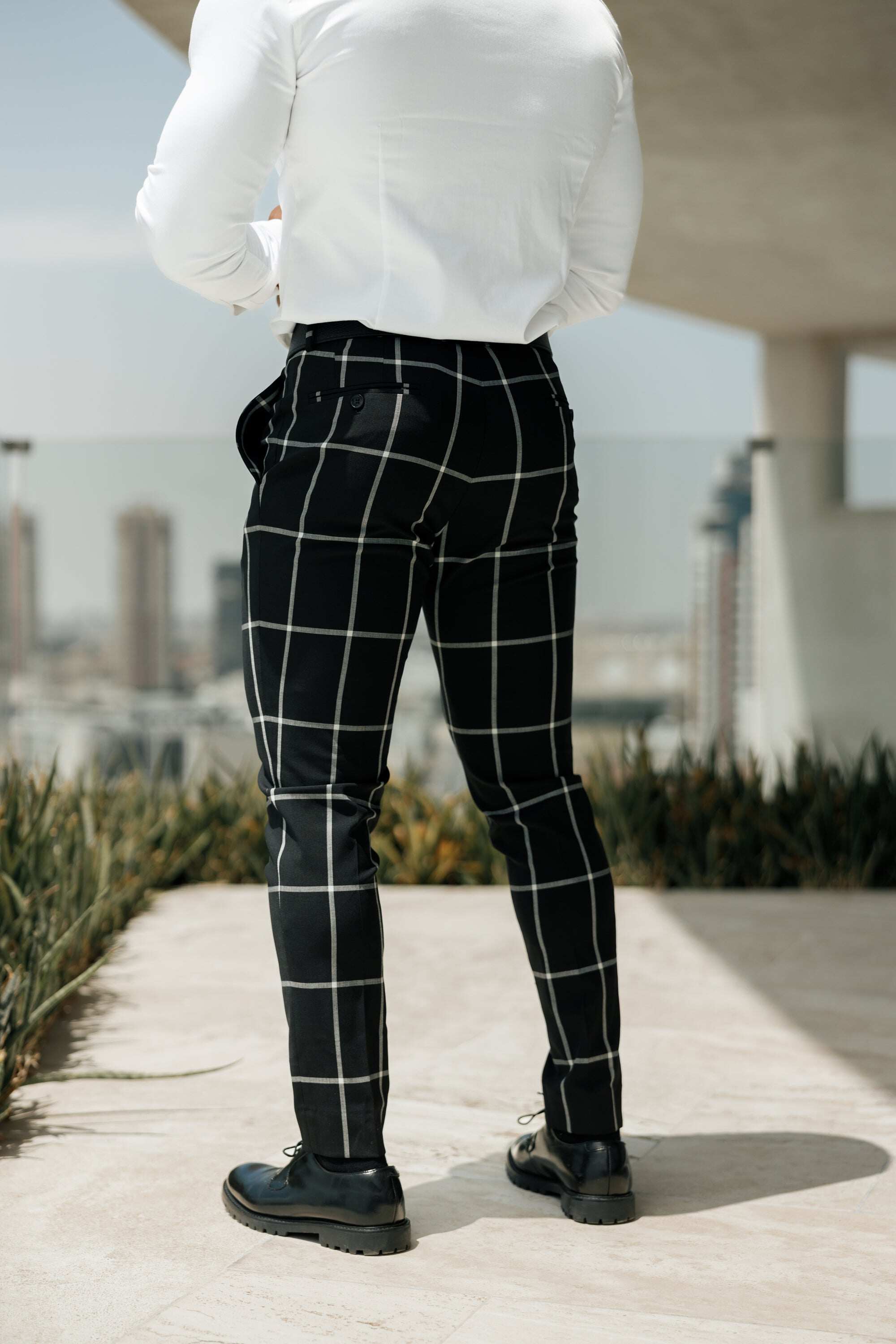 Father Sons Slim Formal Black and Ecru Large Check Stretch Trousers - FST015