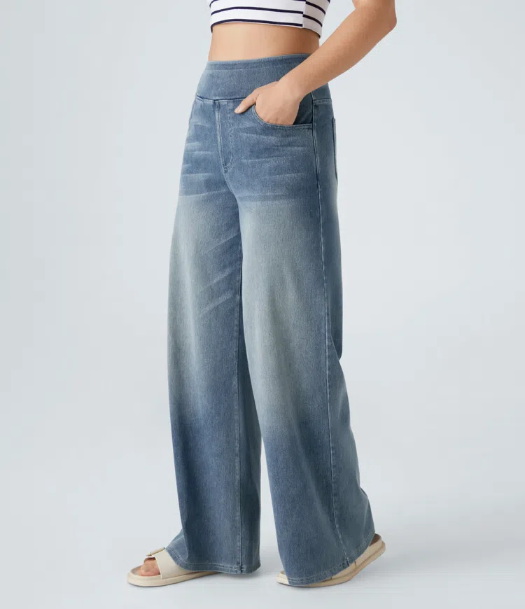 JEANS DE CINTURA ALTA COM PERNAS LARGAS MUITO ELÁSTICAS