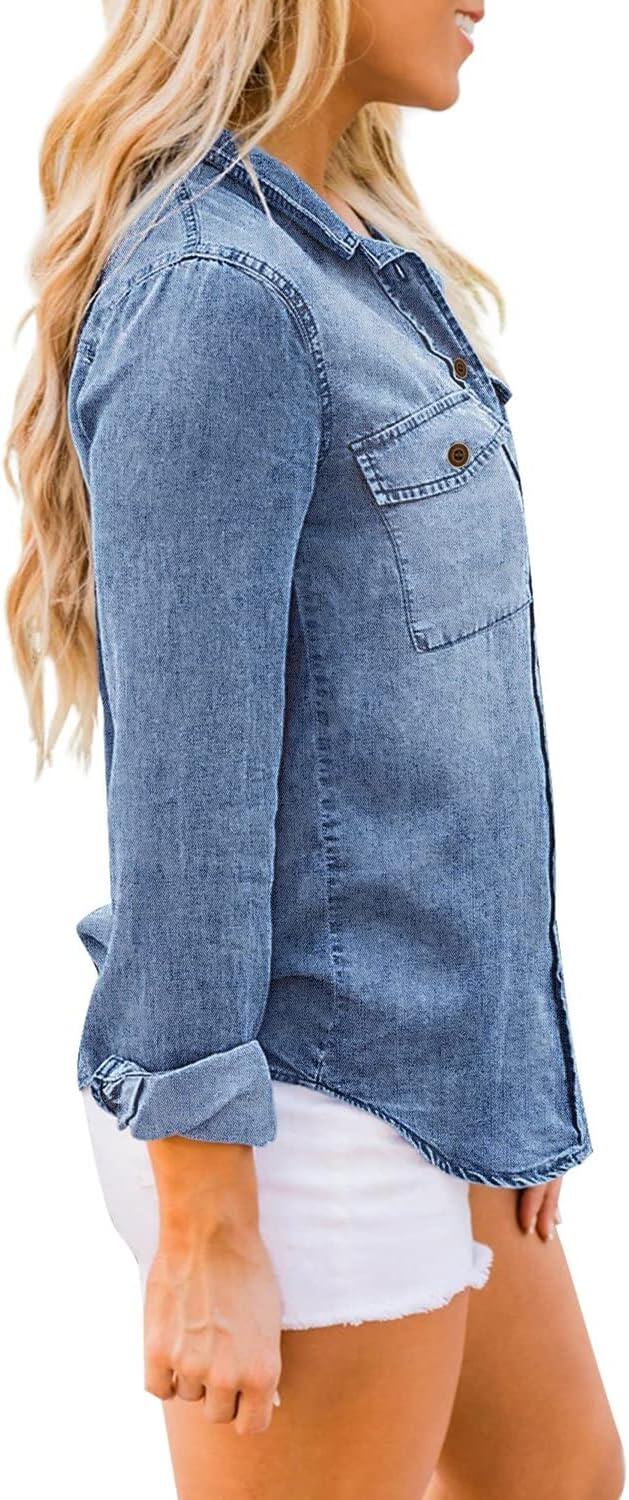 luvamia farmer ing Női Chambray Jean Western Shirts Hosszú ujjú gombos felsők