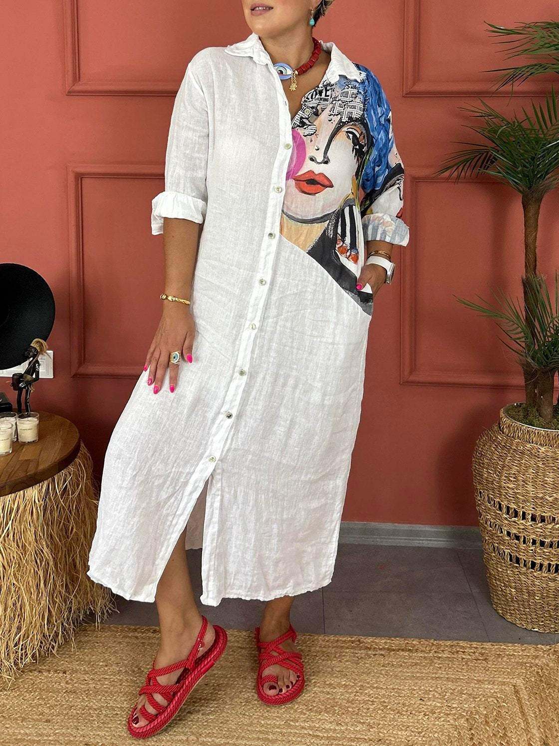 Vestido camisa feminino de manga comprida com estampa de rosto feito de algodão e linho
