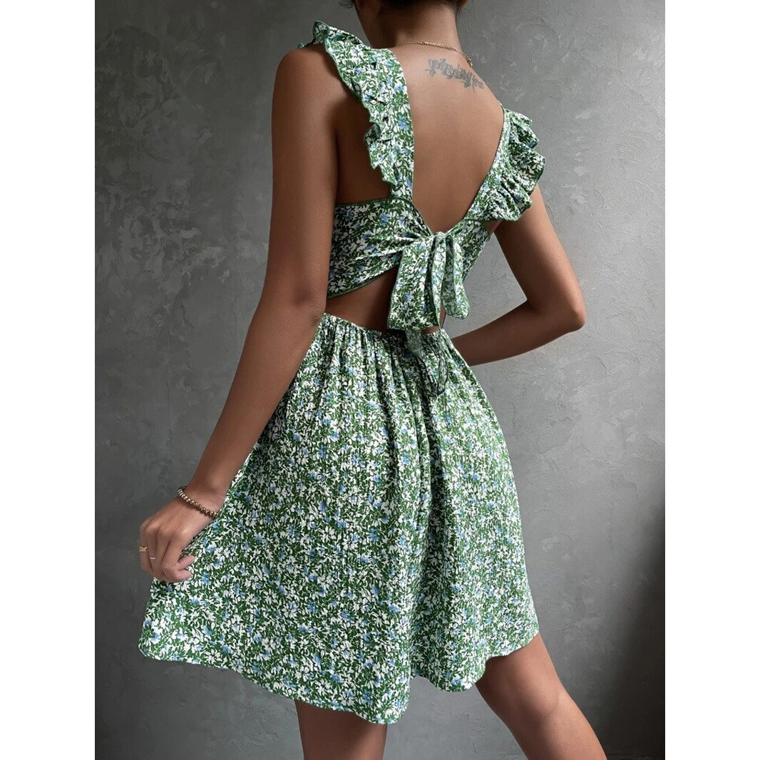Vestido de primavera e verão com decote quadrado e babados nos ombros