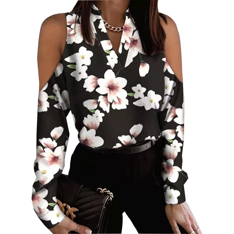 Cetim de seda camisas estampadas de mangas compridas e ombros de fora para primavera e verão