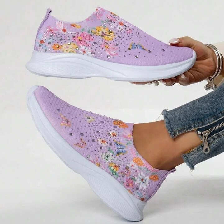 MEIAS FEMININAS COM STRASS E FLORES, CALÇADOS ESPORTIVOS CONFORTÁVEIS